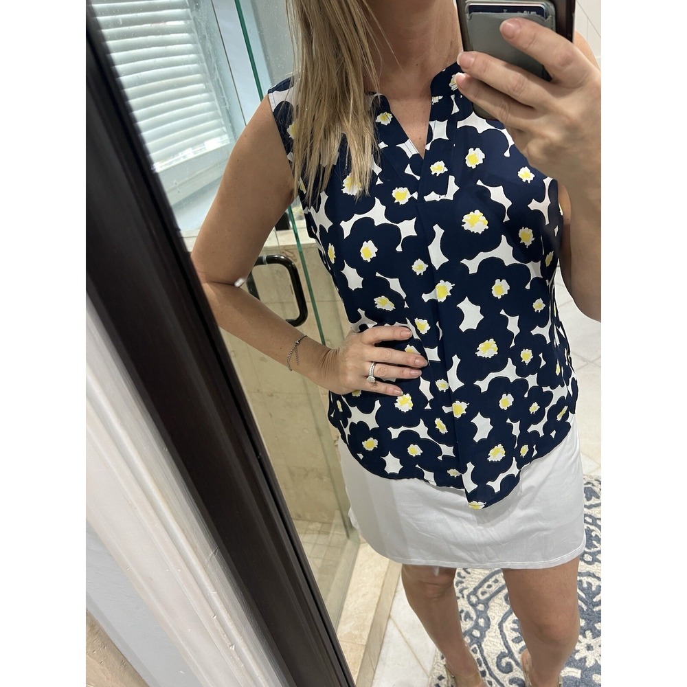Talbots Womens LP Petites Navy Blue Floral V-Neck Tank Top Whimsical Blouse